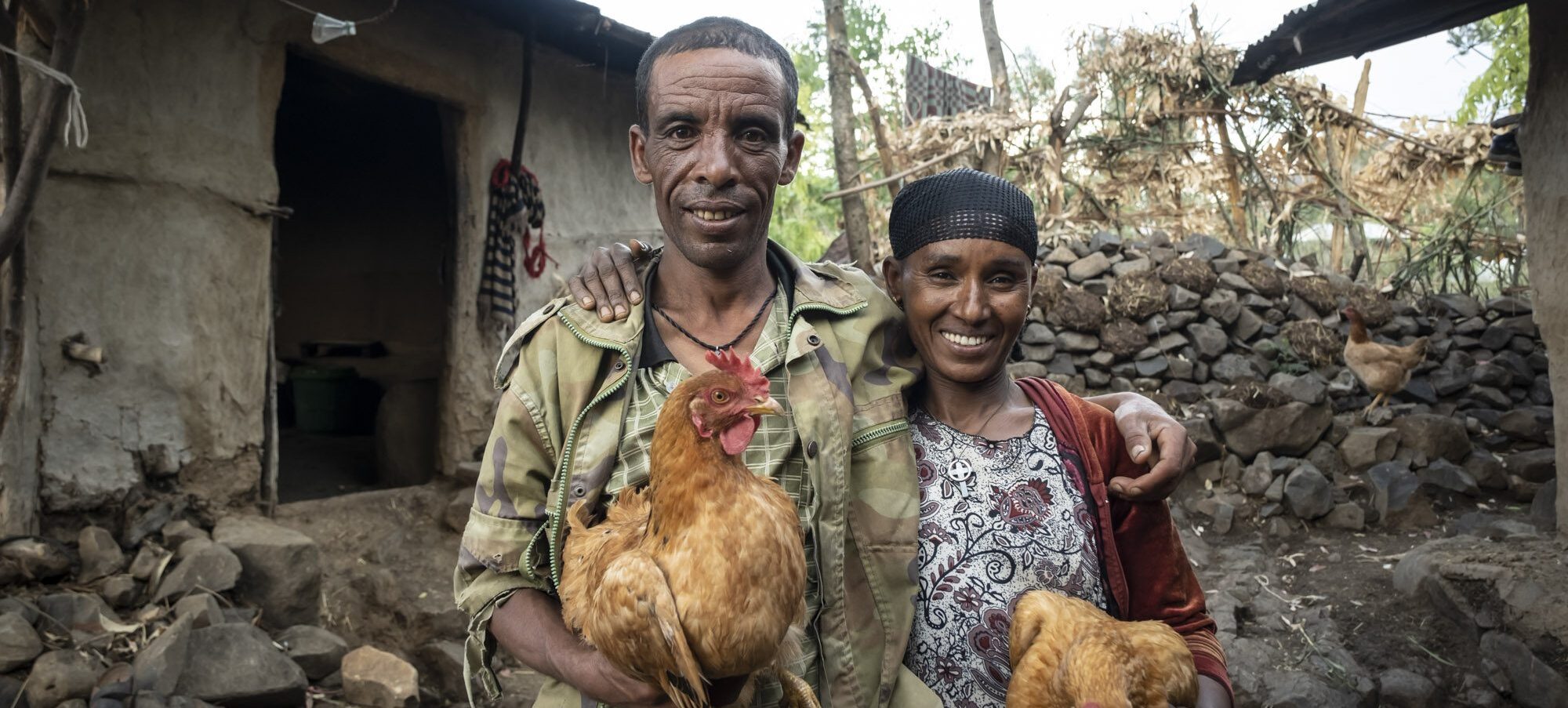 Modellfarmer Alemu und sein Frau Almaz erhielten Hühner, die ihnen täglich Eier schenken.